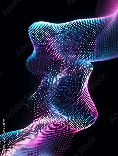 Colorful abstract wave forms with dots, set against a black background, conveying movement and energy. A minimalist poster in metallic and chrome gradient style. photo