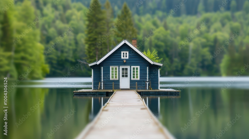 Obraz premium A serene lakeside cottage surrounded by lush forests, providing a peaceful retreat in nature's embrace.