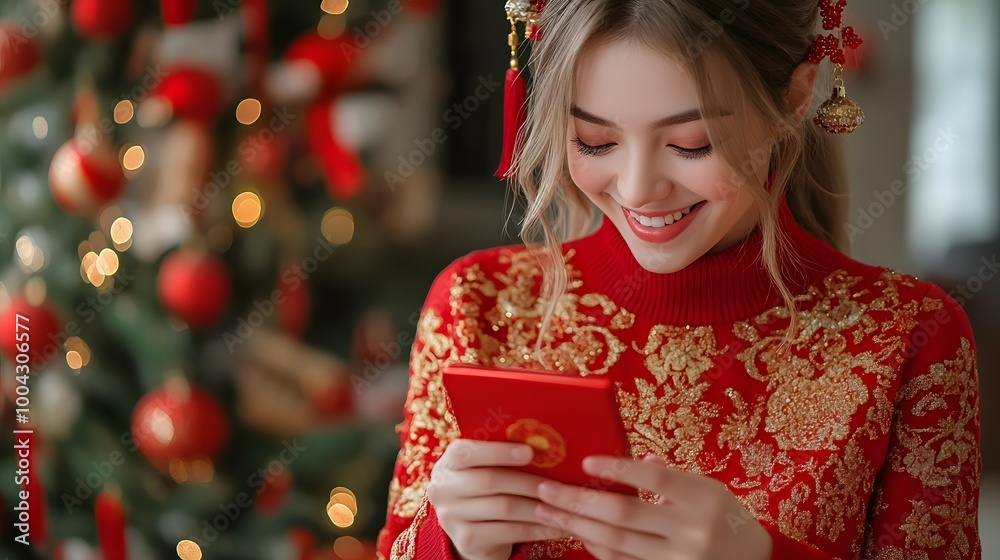Hands using a mobile app to send a digital red envelope, illustrating the convenience of electronic gifting Hands using a mobile app to send a digital red envelope, illustrating the convenience of electronic gifting