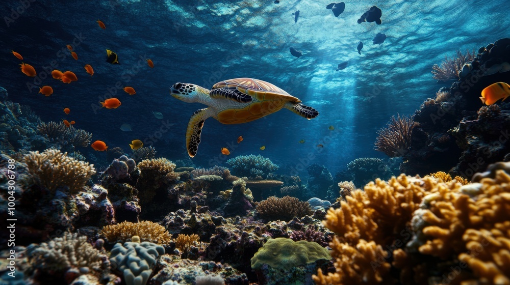 A sea turtle gracefully swims through a vibrant coral reef, surrounded by colorful fish under the sunlit turquoise water, capturing the beauty of marine life. A sea turtle gracefully swims through a vibrant coral reef, surrounded by colorful fish under the sunlit turquoise water, capturing the beauty of marine life.