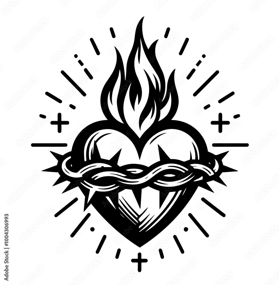 Fototapeta premium sacred heart illustration with flames and thorns vector shape