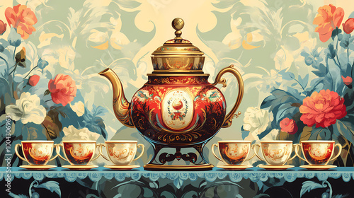 A traditional russian samovar with a teapot on top, surrounded by tea cups. Renaissance Fair. Illustration photo