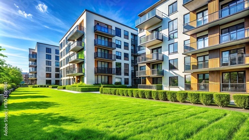 Modern fresh apartment blocks with green lawn in front