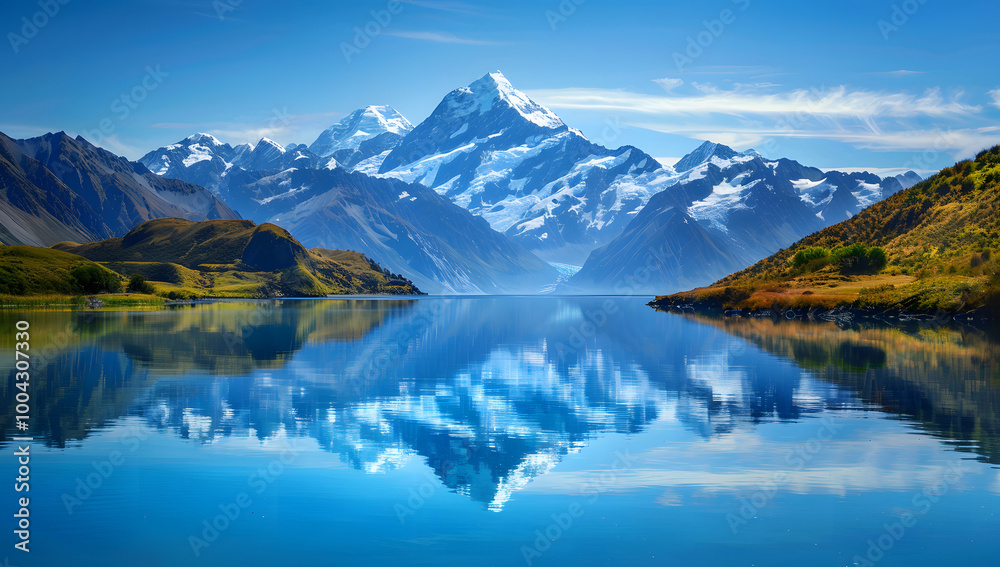 Snow-capped mountains and lakes under the blue sky Snow-capped mountains and lakes under the blue sky