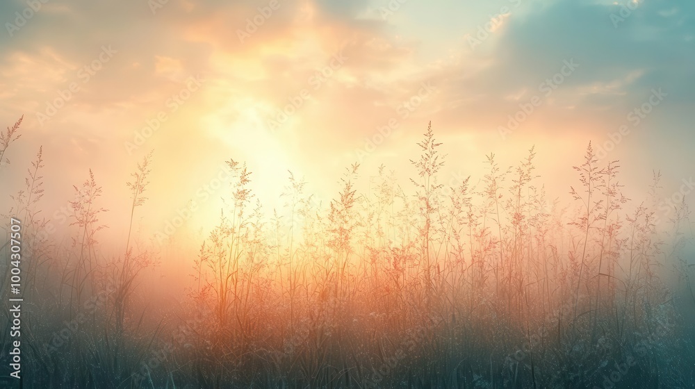 Fototapeta premium serene meadow scene with delicate grass blades swaying in gentle breeze soft pastel hues and misty atmosphere evoke tranquil zenlike spring morning