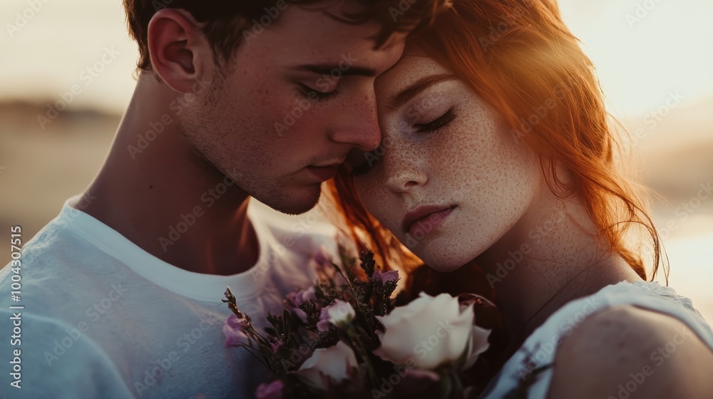 Photograph of a couple in love: a young man with short hair and a woman with ginger hair, holding flowers on the beach, wearing white , in a happy, romantic mood Photograph of a couple in love: a young man with short hair and a woman with ginger hair, holding flowers on the beach, wearing white , in a happy, romantic mood