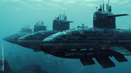 A fleet of futuristic submarines gliding through dark underwater depths, showcasing advanced marine technology and mysterious environments. photo