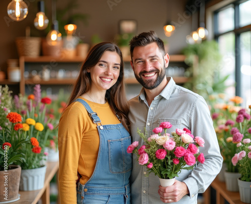 a man and a woman are a married couple in a flower shop choosing flowers