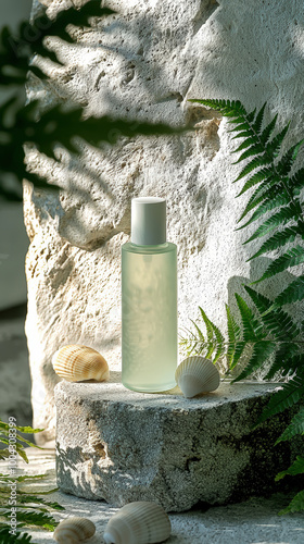 A bottle of face cleanser sits elegantly on stone ledge, surrounded by lush ferns and seashells, creating serene and refreshing atmosphere. natural elements enhance products appeal photo