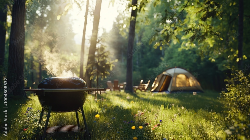 Serene campsite with grill and tent in nature. Serene campsite with grill and tent in nature.