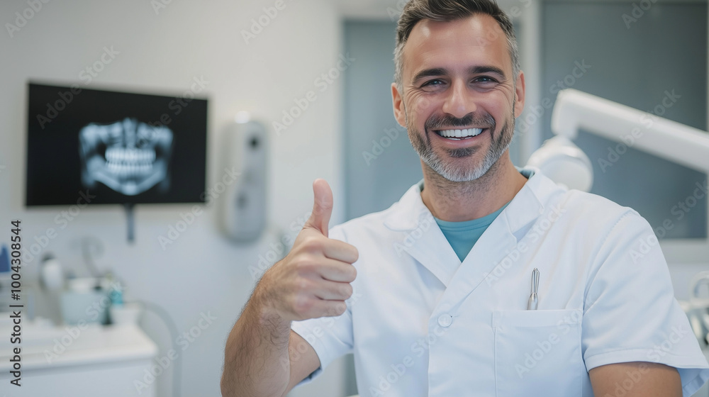 Obraz premium Satisfied European patient with a perfect smile in a dentist's chair, gesturing approval with a thumbs-up as the dentist stands nearby, emphasizing positive dental care experience.