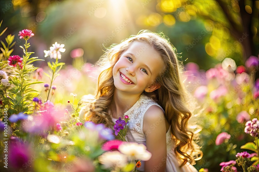 Joyful girl with bright smile enjoying nature in a sunny park surrounded by blooming flowers Joyful girl with bright smile enjoying nature in a sunny park surrounded by blooming flowers