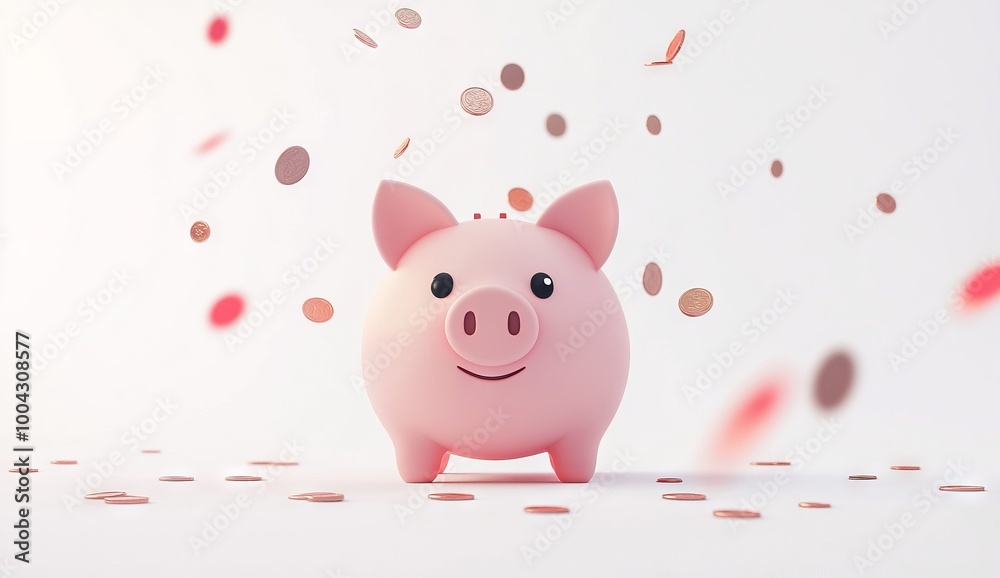 Cute Pink Piggy Bank with Coins Falling, AI generated illustration Cute Pink Piggy Bank with Coins Falling, AI generated illustration