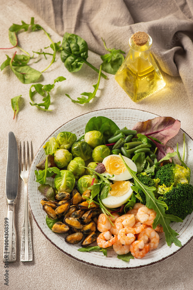 Shrimp and mussels cooked in coconut oil, served with greens, brussels sprouts, broccoli and eggs. Keto diet. Shrimp and mussels cooked in coconut oil, served with greens, brussels sprouts, broccoli and eggs. Keto diet.