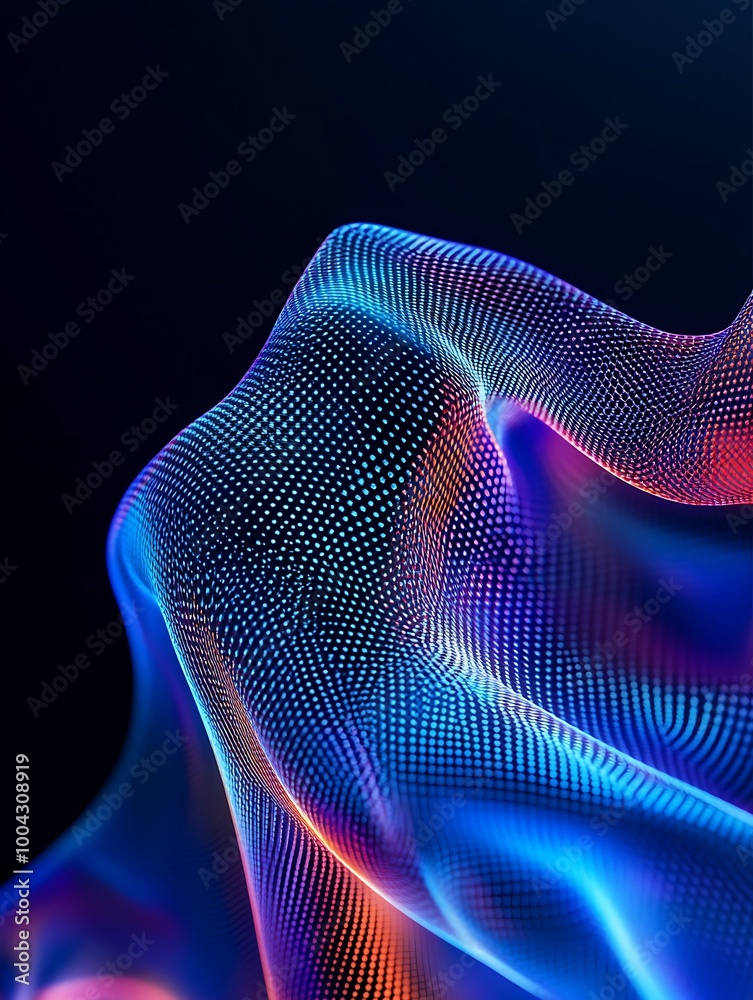 Colorful abstract waves in vibrant hues create a dynamic digital texture on a dark background. A minimalist poster in metallic and chrome gradient style.