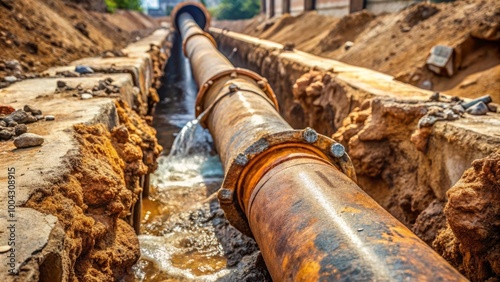 Leaking rusty water pipe in a construction trench, highlighting corrosion, pipe damage, and water leakage during underground infrastructure repair and maintenance