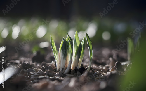 New Growth: A cluster of vibrant green shoots emerge from the rich soil, symbolizing new life, fresh beginnings, and the promise of spring. 