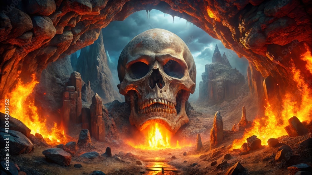 Giant skull-shaped cave entrance in fiery mountain surrounded by flames and darkness, horror, halloween fantasy art concepts Giant skull-shaped cave entrance in fiery mountain surrounded by flames and darkness, horror, halloween fantasy art concepts