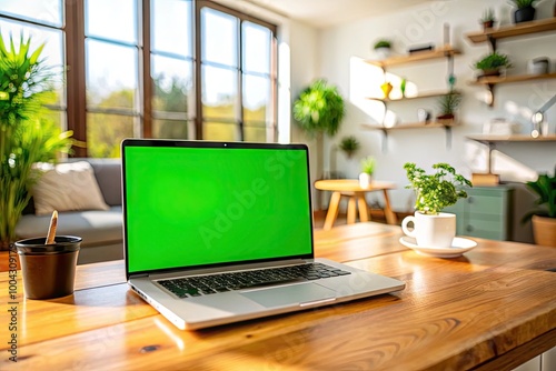 Wallpaper Mural Laptop with Green Screen in Bright Home Office Perfect for Custom Content with Rotating Camera View Torontodigital.ca
