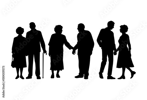 Vector illustration. An elderly couple of pensioners. A large set of people.	