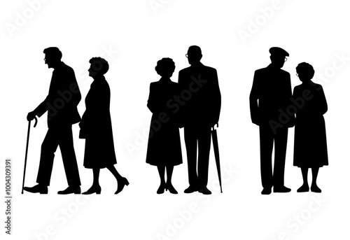 Vector illustration. An elderly couple of pensioners. A large set of people.	