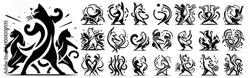 cats tribal-inspired abstract figures in expressive dance poses vector shape