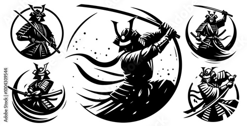 dynamic samurai silhouettes showcasing swordsmanship and strength vector shape