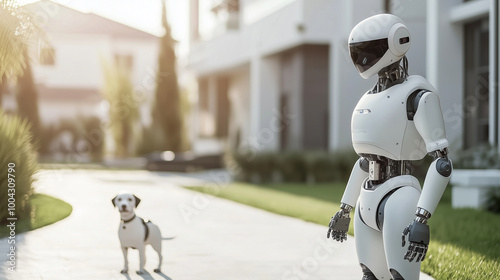 A robotic man and a robotic dog patrol a private property, showcasing an innovative security system that integrates cyber technology for home protection. photo