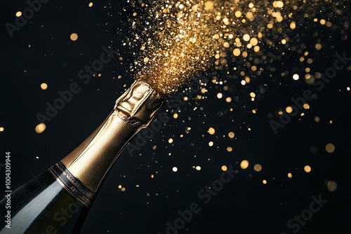 Champagne Bottle Bursting with Golden Glitter, AI generated illustration