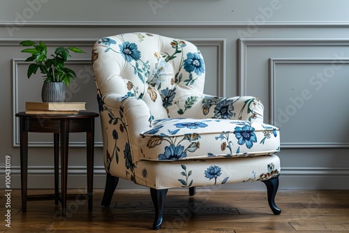 Floral Print Accent Chair with Books on Elegant Side Table and Small Plant, Light Gray Walls and Wooden Flooring photo