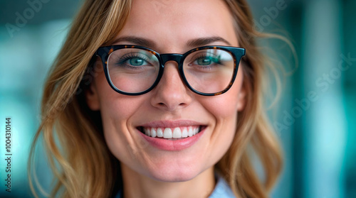 Confident young businesswoman with radiant smile wearing stylish glasses, closeup portrait against teal background, showcasing professional appearance