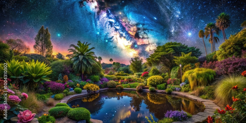 Obraz premium Lush Garden Oasis Floating in Space, Surrounded by Stars and Cosmic Beauty of the Universe