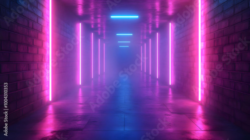 3D Illustration of a Neon Corridor with Pink and Blue Lights