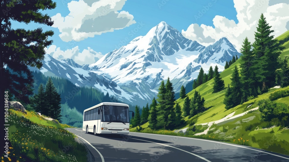An attractive mountain road leads to a white tour bus. An attractive mountain road leads to a white tour bus.