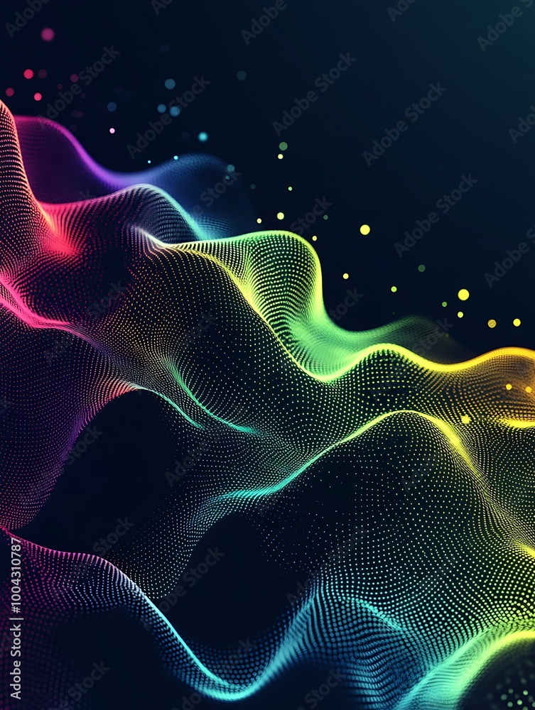 Colorful wave patterns created with digital art, featuring vibrant lines and curves on a dark background. A minimalist poster in metallic and chrome gradient style. Colorful wave patterns created with digital art, featuring vibrant lines and curves on a dark background. A minimalist poster in metallic and chrome gradient style.
