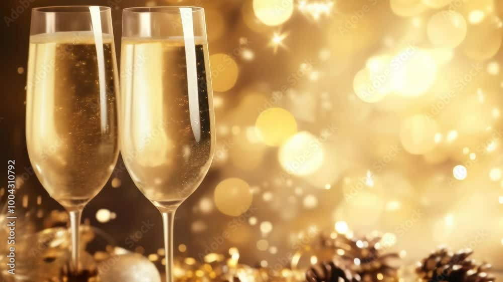 Two champagne glasses are sparkling on a festive background with christmas decorations and golden bokeh lights. This image evokes christmas and new year's eve luxurious celebrations Two champagne glasses are sparkling on a festive background with christmas decorations and golden bokeh lights. This image evokes christmas and new year's eve luxurious celebrations
