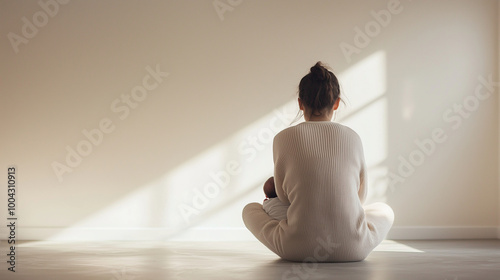 A young mother, overwhelmed with postnatal depression, cradles her newborn while sitting on the floor, highlighting the emotional weight of motherhood. photo