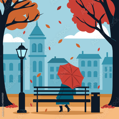 Autumn season concept. Woman holding an umbrella is sitting on a bench in a city park. Beautiful fall landscape background. Hand drawn vector illustration.