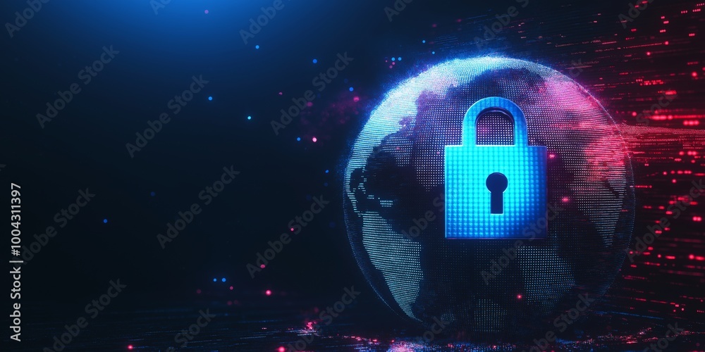 Simple lock icon over a pixelated globe, representing global internet security. Simple lock icon over a pixelated globe, representing global internet security.