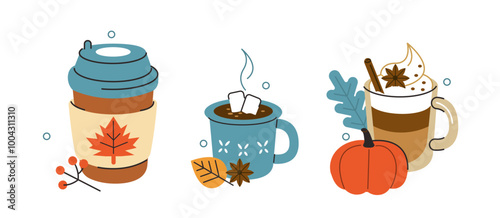 Various hot drinks set. Collections of pumpkin latte coffee, chocolate, maple syrup cappuccino and other types of beverages in cup, paper mug and glass. Vector illustration.
