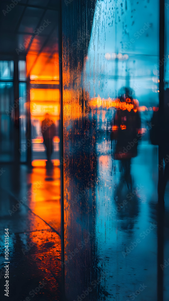 Obraz premium Wet Glass Reflections: A Blurry View of People Walking By a City Street at Night, Orange and Blue Lights, and a Wet Texture
