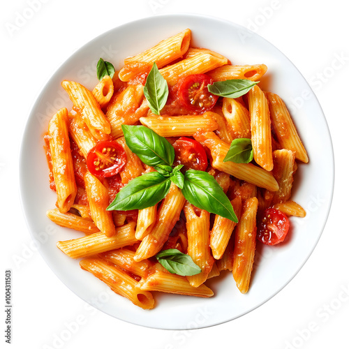 pasta in tomato sauce in a white bowl, top view