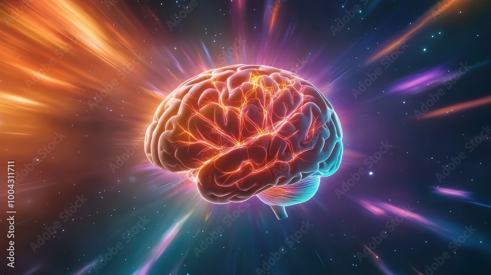 An abstract representation of a brain with colorful energy bursts emanating from it, symbolizing thought and creativity against a cosmic backdrop. An abstract representation of a brain with colorful energy bursts emanating from it, symbolizing thought and creativity against a cosmic backdrop.