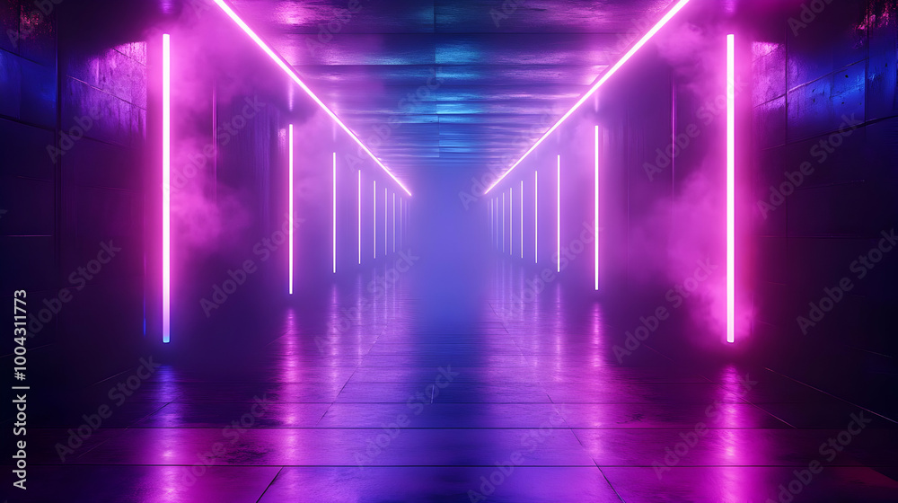 Neon Lights in a Dark Hallway 3D Illustration Neon Lights in a Dark Hallway 3D Illustration
