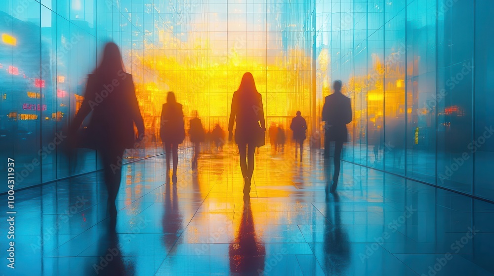 Obraz premium silhouetted office employees in a dynamic blue and yellow glass building their forms blurred to create a sense of movement and activity within a modern workplace