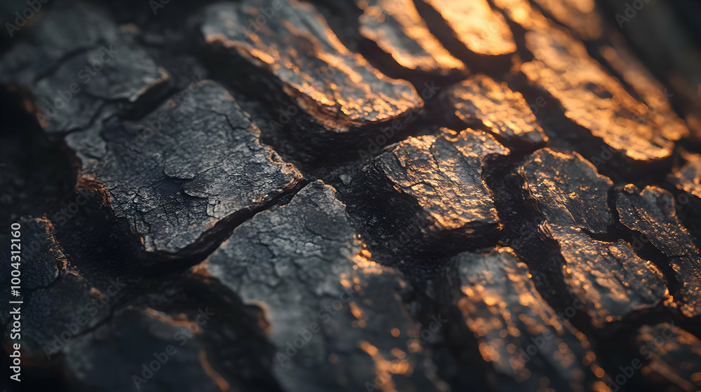 Close-up of Dark Bark with Golden Light Reflecting on the Rough Texture Close-up of Dark Bark with Golden Light Reflecting on the Rough Texture
