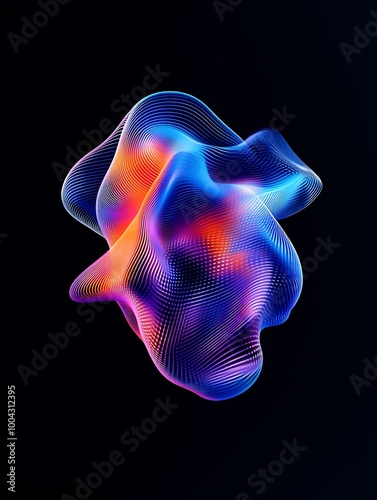 Vibrant abstract shape showcasing fluid motion and color dynamics against a dark backdrop. A minimalist poster in metallic and chrome gradient style.