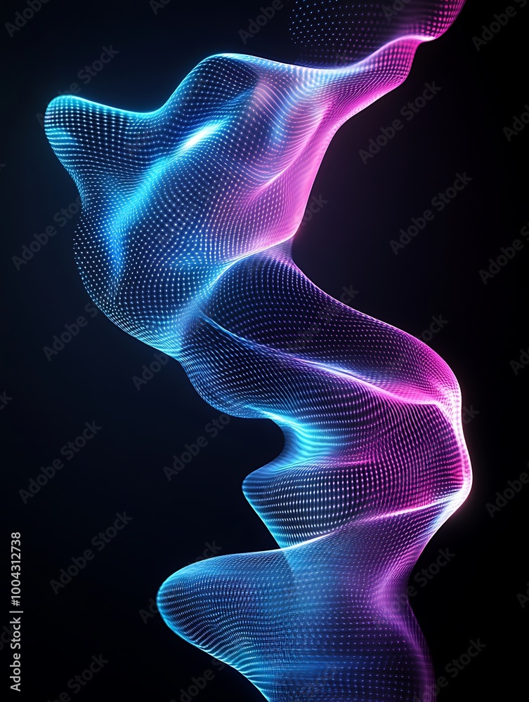 Vibrant abstract wave design in blue and pink against a black background, showcasing modern digital aesthetics. A minimalist poster in metallic and chrome gradient style. Vibrant abstract wave design in blue and pink against a black background, showcasing modern digital aesthetics. A minimalist poster in metallic and chrome gradient style.