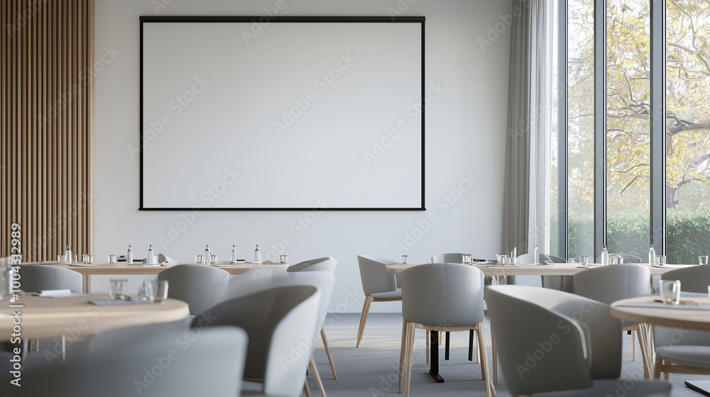 A modern conference room with a blank projection screen at the front, large windows allowing natural light to stream in, and minimalistic furniture. photo