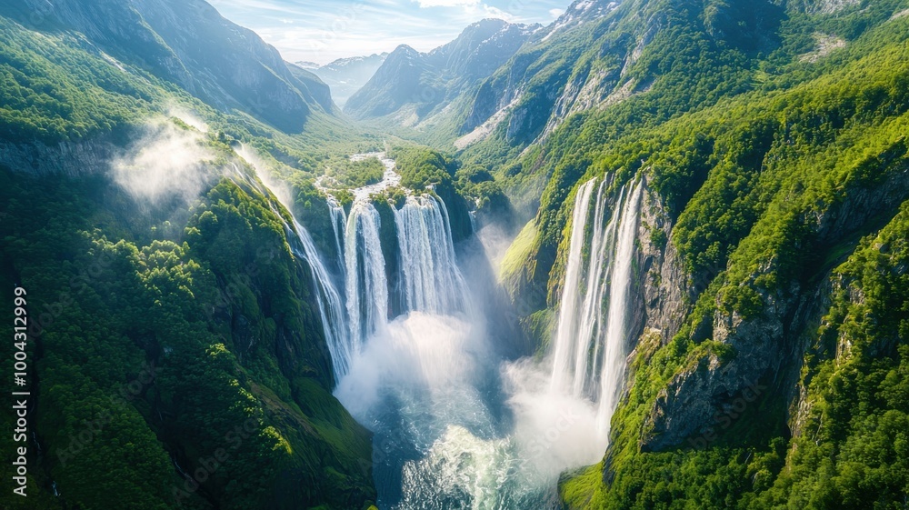 A beautiful waterfall surrounded by lush green trees A beautiful waterfall surrounded by lush green trees